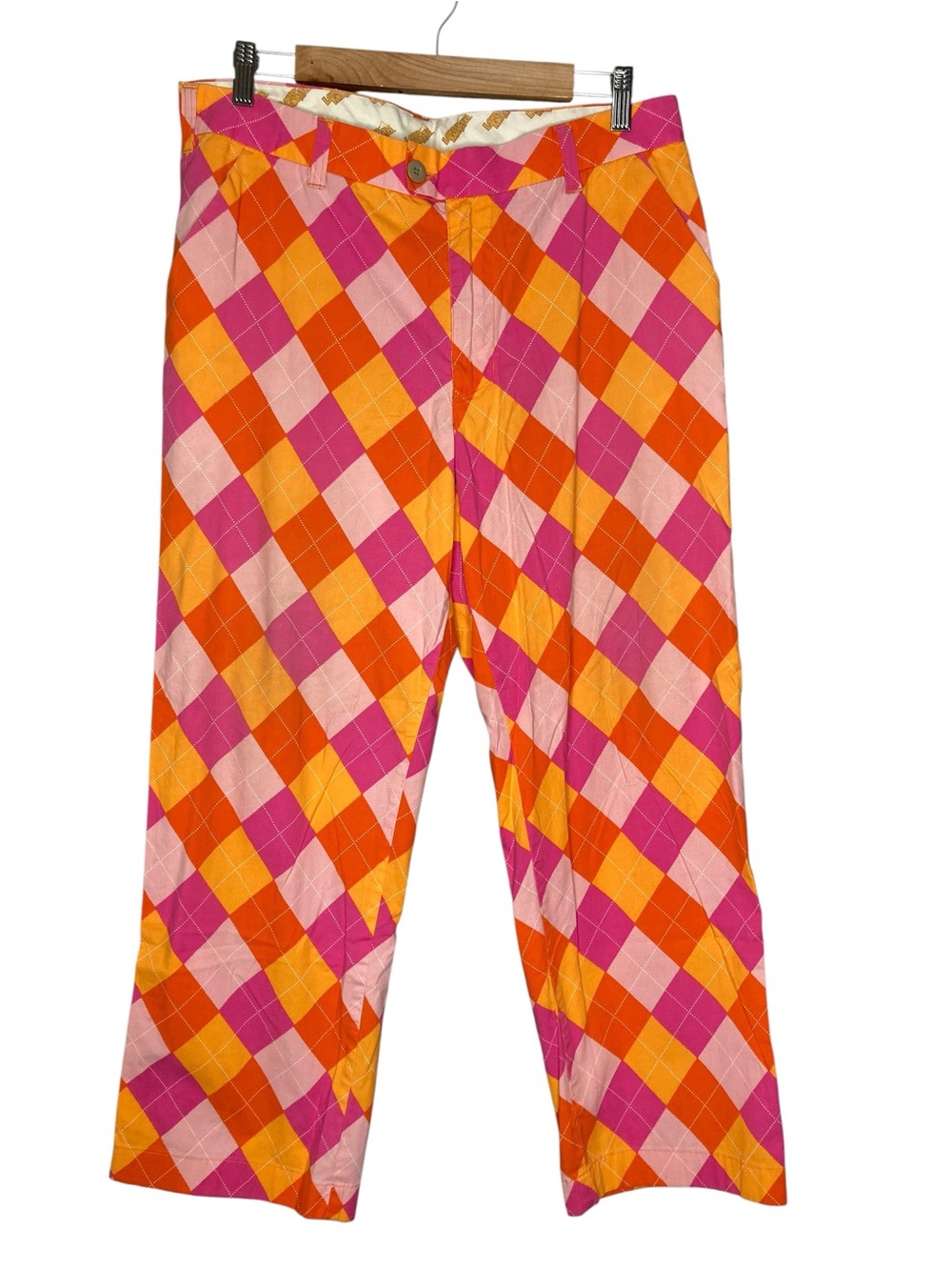 Loudmouth Colourful Golf Pants Argyle Diamond Print Orange Pink Men's 34/28